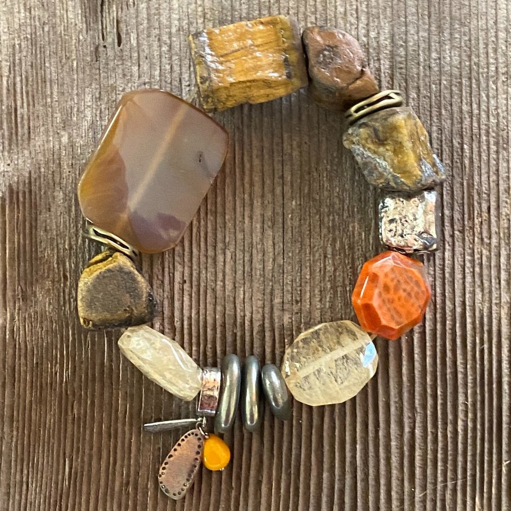 Silpada B2449 Heat Wave Orange Brown Agate Tigers Eye Pyrite Stretch Bracelet